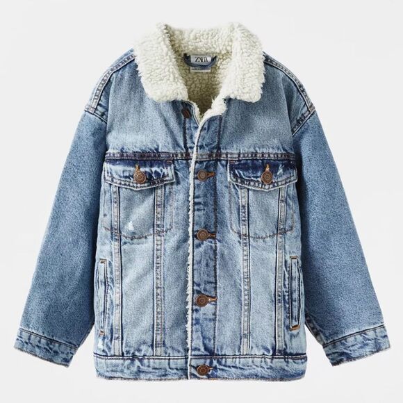 Zara Kids Blue Denim Jacket with Sherpa Lining FLEECE TRIM DENIM JACKET Size 9